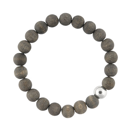 Elastische Hand-Mala für Männer aus grauem Holz und Sterlingsilber